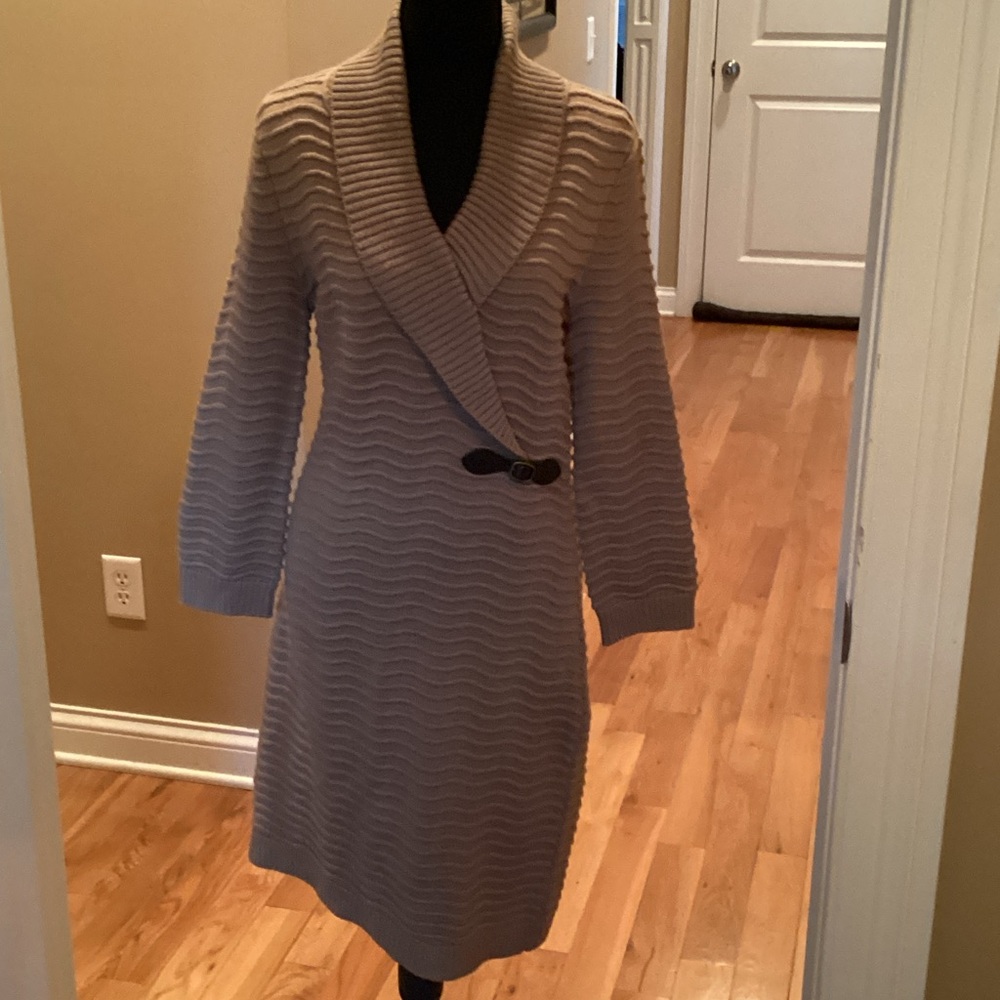 Calvin Klein Beige Ribbed Wrap Midi Dress Size Medium